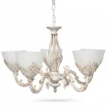 Candelabru Vintage Alb-Antichizat cu 5 Surse de Lumină, Abajururi din Sticlă Mată și Detalii Filigran, Ideal pentru Living sau Dormitor