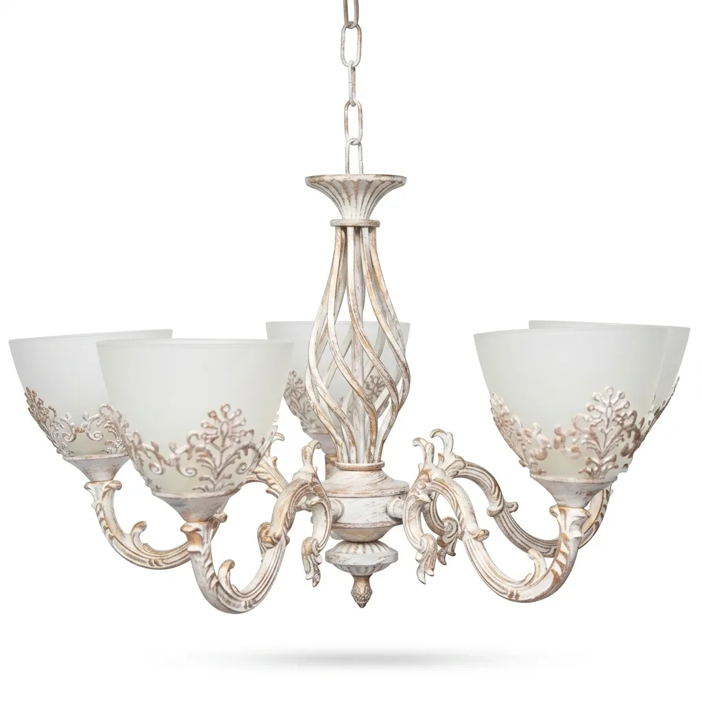 Gemini_Generated_Image_5g093w5g093w5g09 Candelabru Vintage Alb-Antichizat cu 5 Surse de Lumină, Abajururi din Sticlă Mată și Detalii Filigran, Ideal pentru Living sau Dormitor - imagine 1