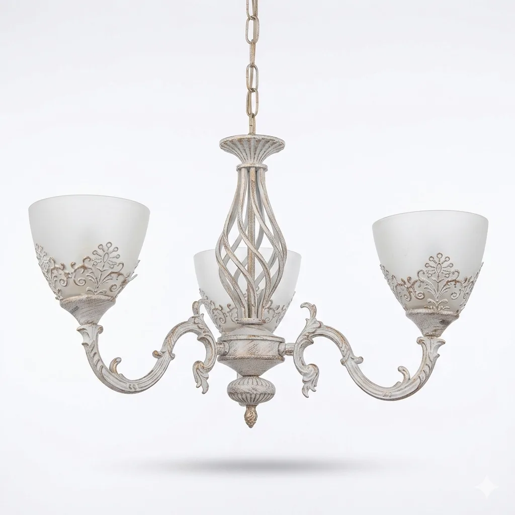 Gemini_Generated_Image_ps2b1lps2b1lps2b Candelabru Vintage Alb-Antichizat cu 3 Surse de Lumină, Abajururi din Sticlă Mată și Detalii Filigran Ideal pentru Living, Dining sau Dormitoar - imagine 1