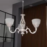 Candelabru Vintage Alb-Antichizat cu 3 Surse de Lumină, Abajururi din Sticlă Mată și Detalii Filigran Ideal pentru Living, Dining sau Dormitoar - imagine 4