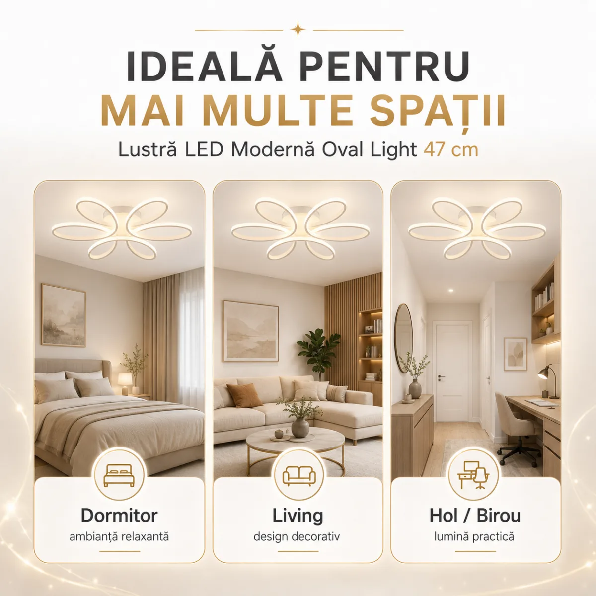 Lustră LED Modernă Oval Light 47 cm – Metal Alb și Acril Mat, 6 Surse LED Integrate, Design Elegant pentru Dormitor, Living și Holr - imagine 3