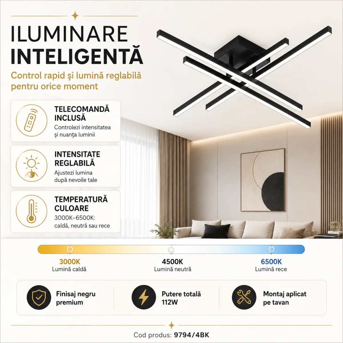 Lustră LED Modernă Black Linear 85 cm – Metal Negru și Acril Alb, 4 Surse LED Integrate, Design Minimalist pentru Living, Dining și Dormitor - imagine 7