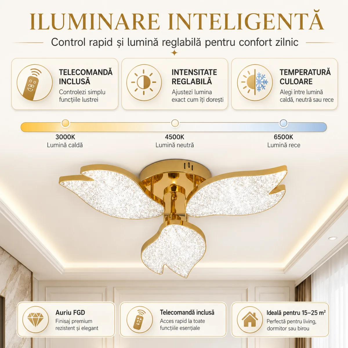 Lustră LED Modernă Petale Gold 54 cm – Metal Auriu și Acril Cristal, 3 Surse LED Integrate, Design Elegant pentru Living și Dormitor - imagine 8