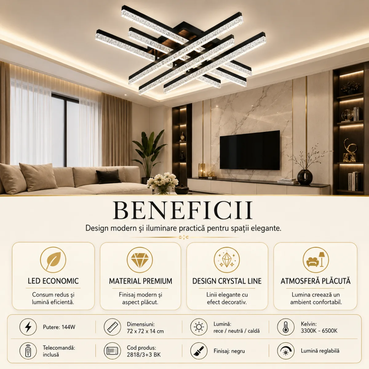 Lustră LED Modernă Cristal Line 72 cm – Metal Negru și Cristal Acrilic, 6 Surse LED Integrate, Design Premium pentru Living, Dining și Dormitor - imagine 4
