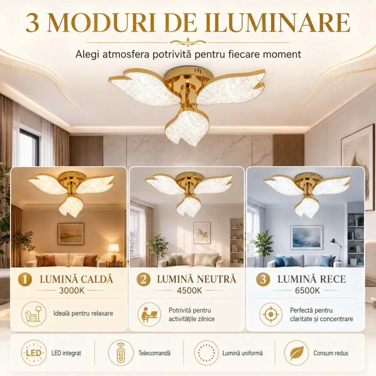 Lustră LED Modernă Petale Gold 54 cm – Metal Auriu și Acril Cristal, 3 Surse LED Integrate, Design Elegant pentru Living și Dormitor - imagine 6