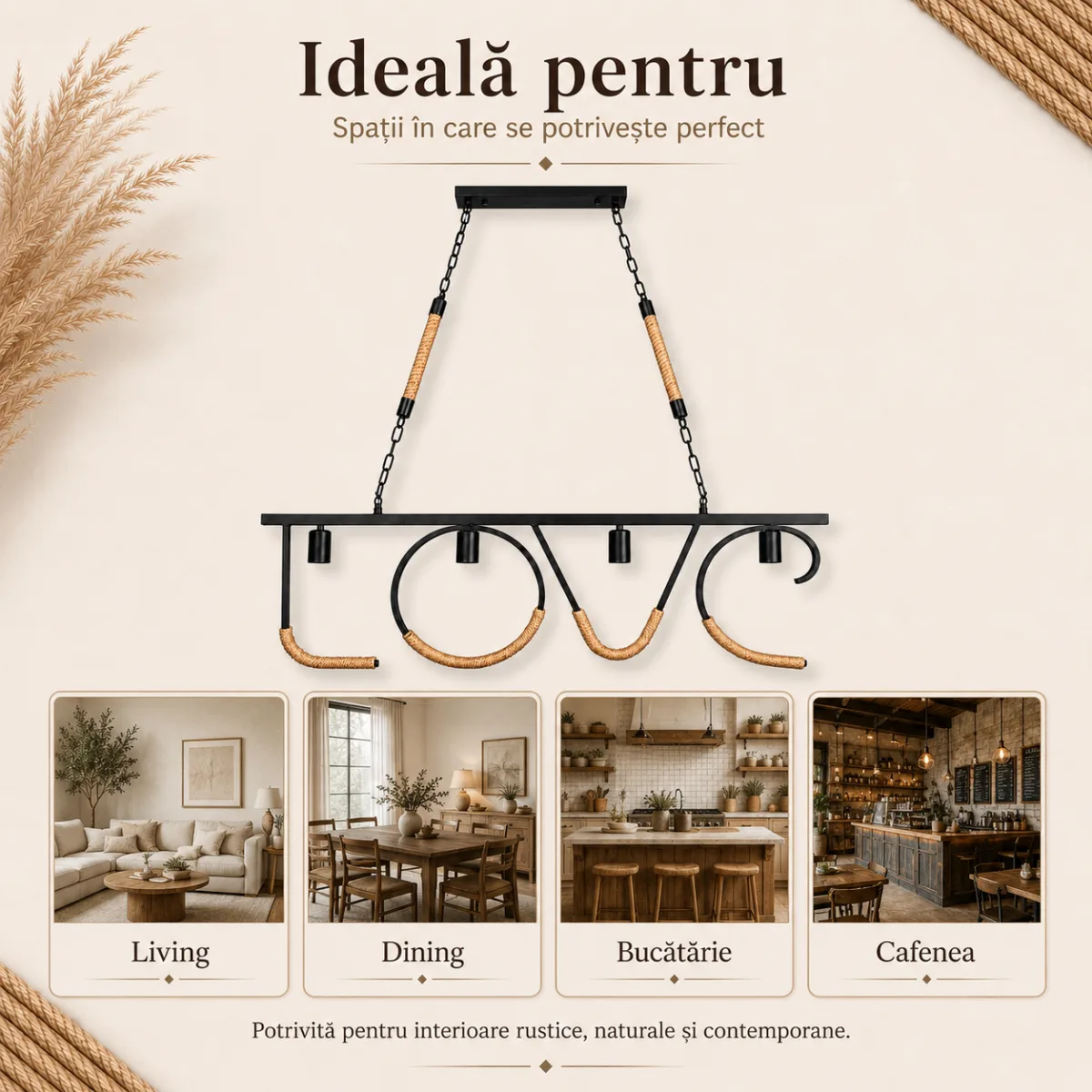 Lustră Suspendată Decorativă LOVE Rustic Modernă 100 cm – Metal Negru cu Detalii din Sfoară Naturală, 4 Becuri E27 - imagine 6