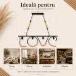 Lustră Suspendată Decorativă LOVE Rustic Modernă 100 cm – Metal Negru cu Detalii din Sfoară Naturală, 4 Becuri E27 - imagine 6