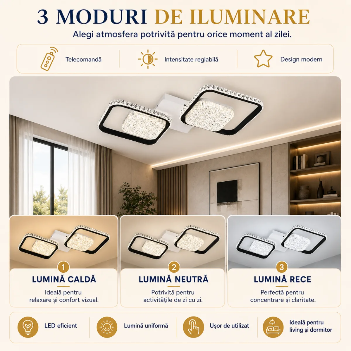 Lustră LED Modernă cu Rame Pătrate Cristal 52,5 cm – Metal Alb-Negru și Cristal Acrilic, 2 Surse LED Integrate, Design Elegant pentru Hol, Dormitor și Living - imagine 4