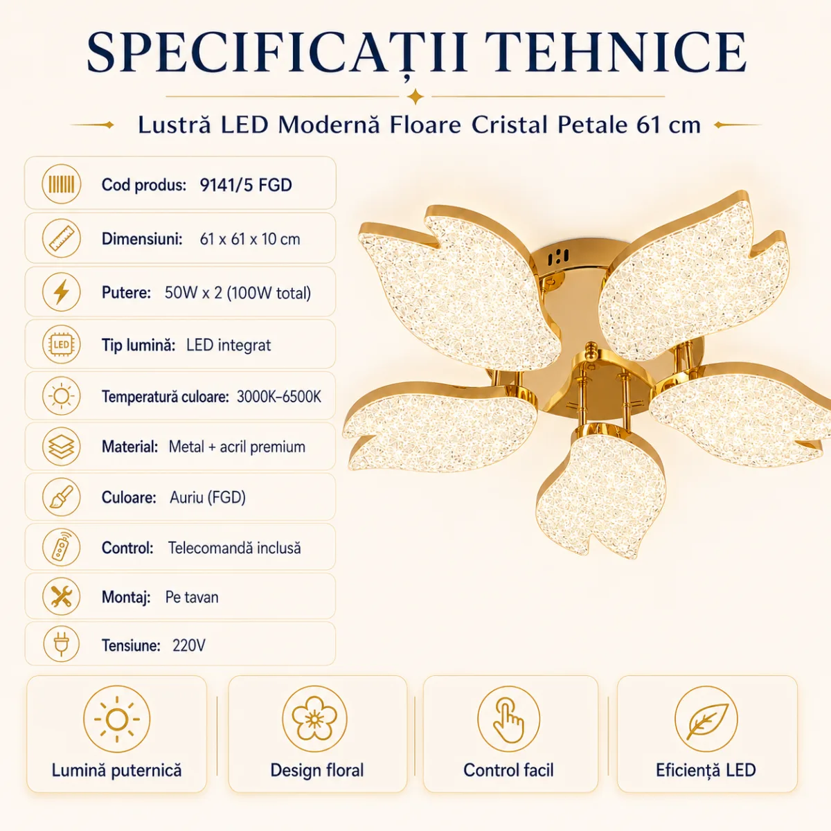 Lustră LED Modernă Floare Cristal Petale 61 cm – Metal Auriu și Acril Cristal, 5 Surse LED Integrate, Design Elegant pentru Living, Dormitor și Dining - imagine 3