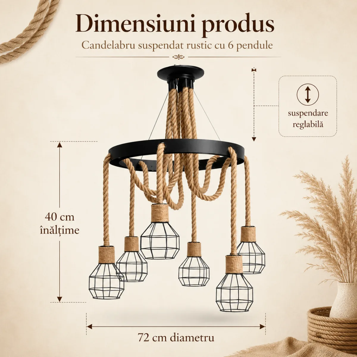 Candelabru Suspendat Rustic cu 6 Pendule 72 cm – Metal Negru și Sfoară Naturală, 6 Becuri E27 - imagine 4