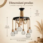 Candelabru Suspendat Rustic cu 6 Pendule 72 cm – Metal Negru și Sfoară Naturală, 6 Becuri E27 - imagine 4