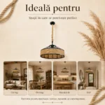Lustră Suspendată Rotundă Rustic Modernă 40 cm – Metal Negru cu Sfoară Naturală, 1 Bec E27 - imagine 5