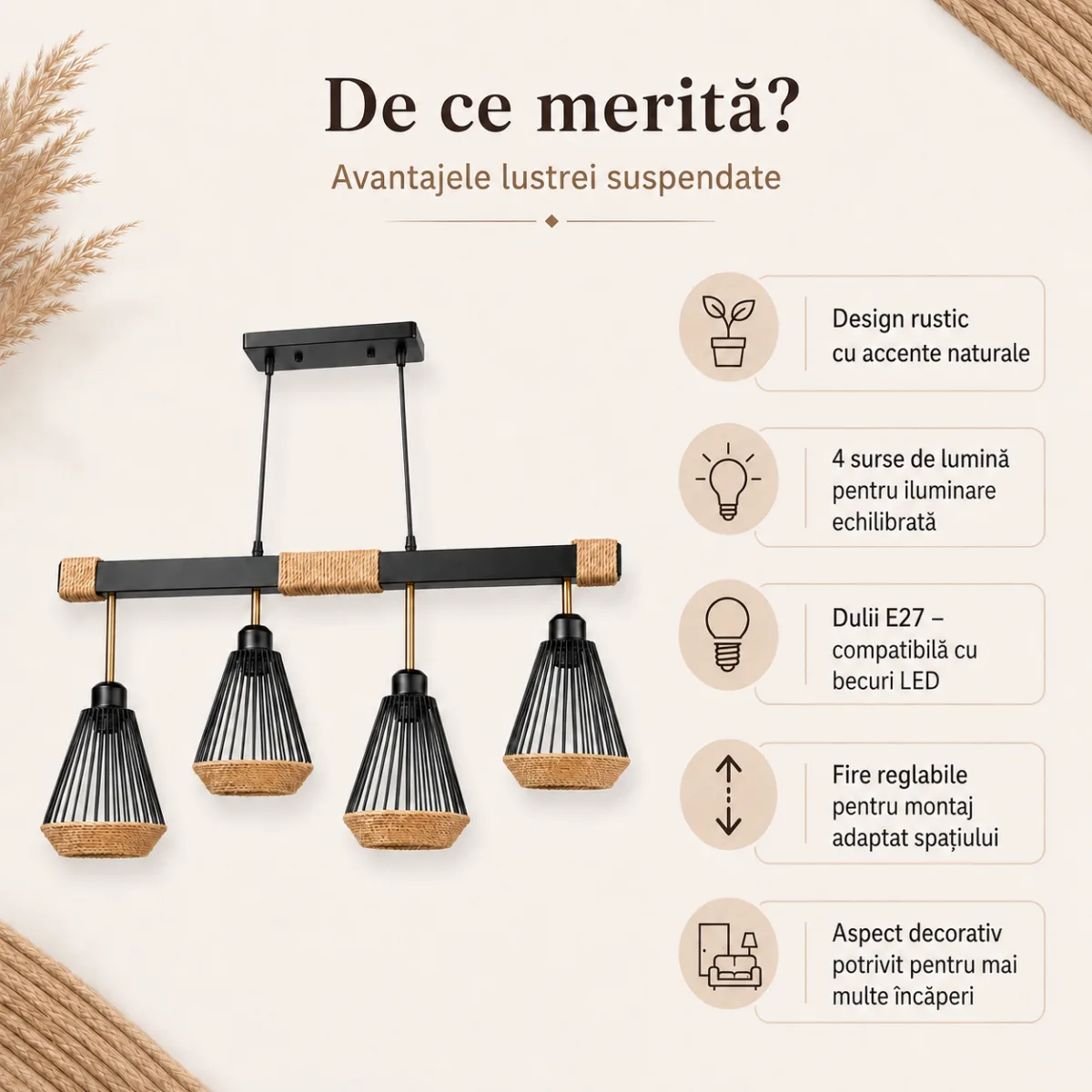 Lustră Suspendată Liniară Rustic-Industrială 73 cm – Metal Negru cu Accente din Sfoară Naturală, 4 Becuri E27 - imagine 3