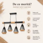 Lustră Suspendată Liniară Rustic-Industrială 73 cm – Metal Negru cu Accente din Sfoară Naturală, 4 Becuri E27 - imagine 3