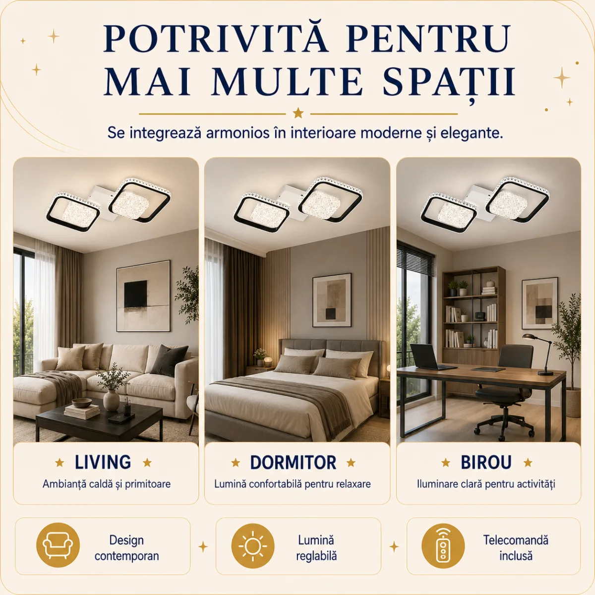 Lustră LED Modernă cu Rame Pătrate Cristal 52,5 cm – Metal Alb-Negru și Cristal Acrilic, 2 Surse LED Integrate, Design Elegant pentru Hol, Dormitor și Living - imagine 7