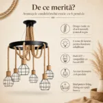 Candelabru Suspendat Rustic cu 6 Pendule 72 cm – Metal Negru și Sfoară Naturală, 6 Becuri E27 - imagine 3