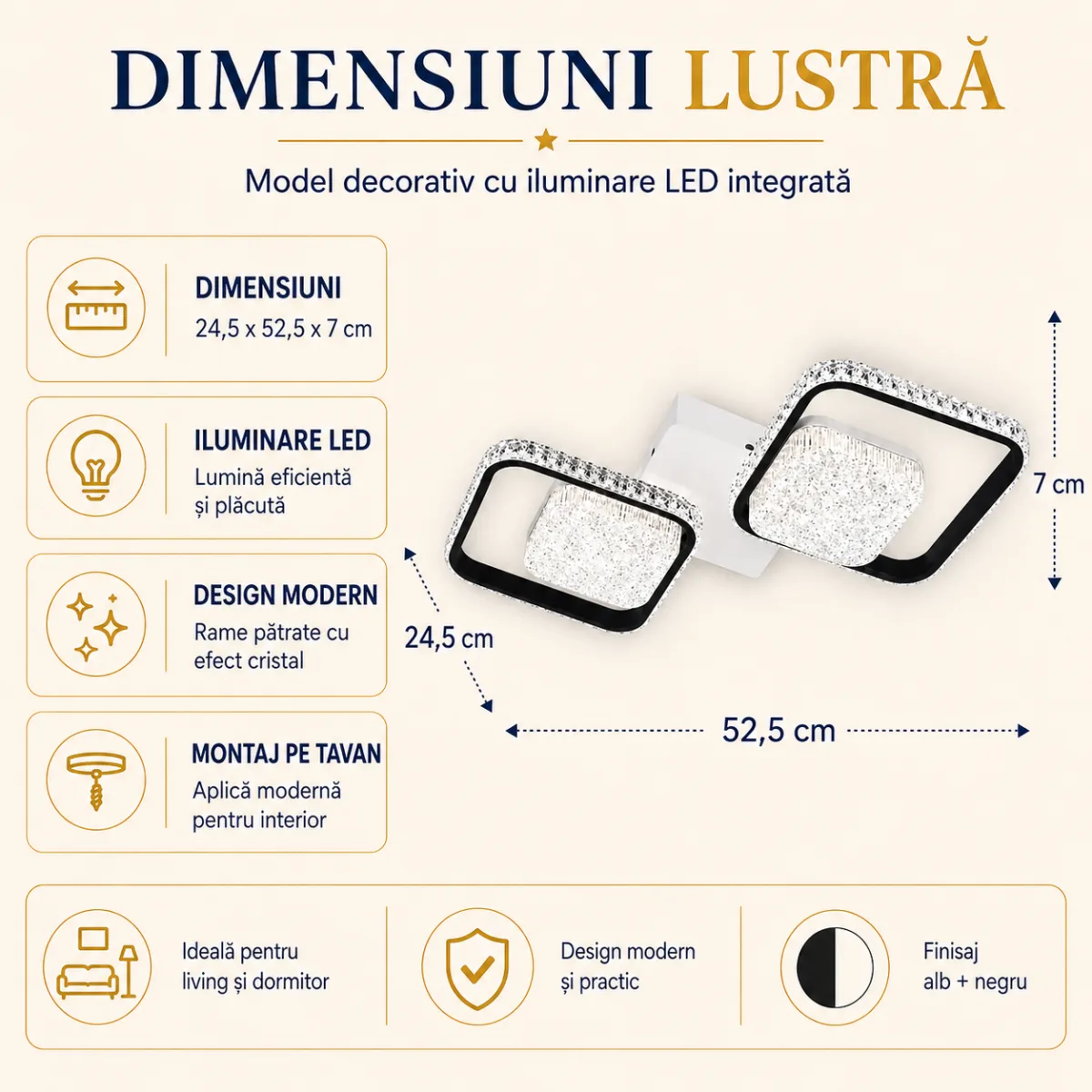 Lustră LED Modernă cu Rame Pătrate Cristal 52,5 cm – Metal Alb-Negru și Cristal Acrilic, 2 Surse LED Integrate, Design Elegant pentru Hol, Dormitor și Living - imagine 5