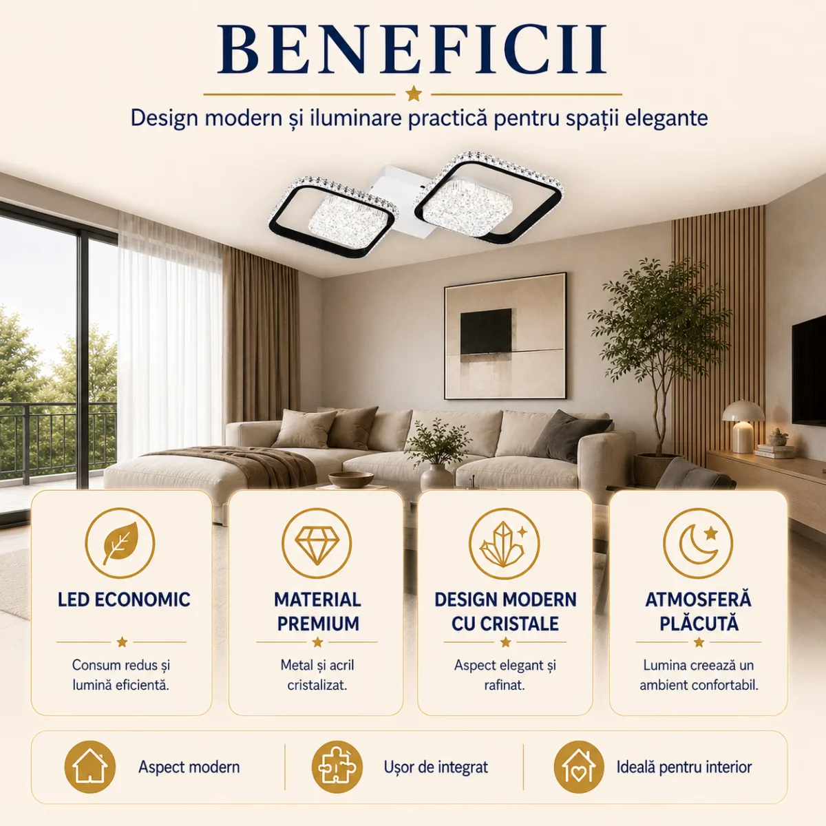 Lustră LED Modernă cu Rame Pătrate Cristal 52,5 cm – Metal Alb-Negru și Cristal Acrilic, 2 Surse LED Integrate, Design Elegant pentru Hol, Dormitor și Living - imagine 6