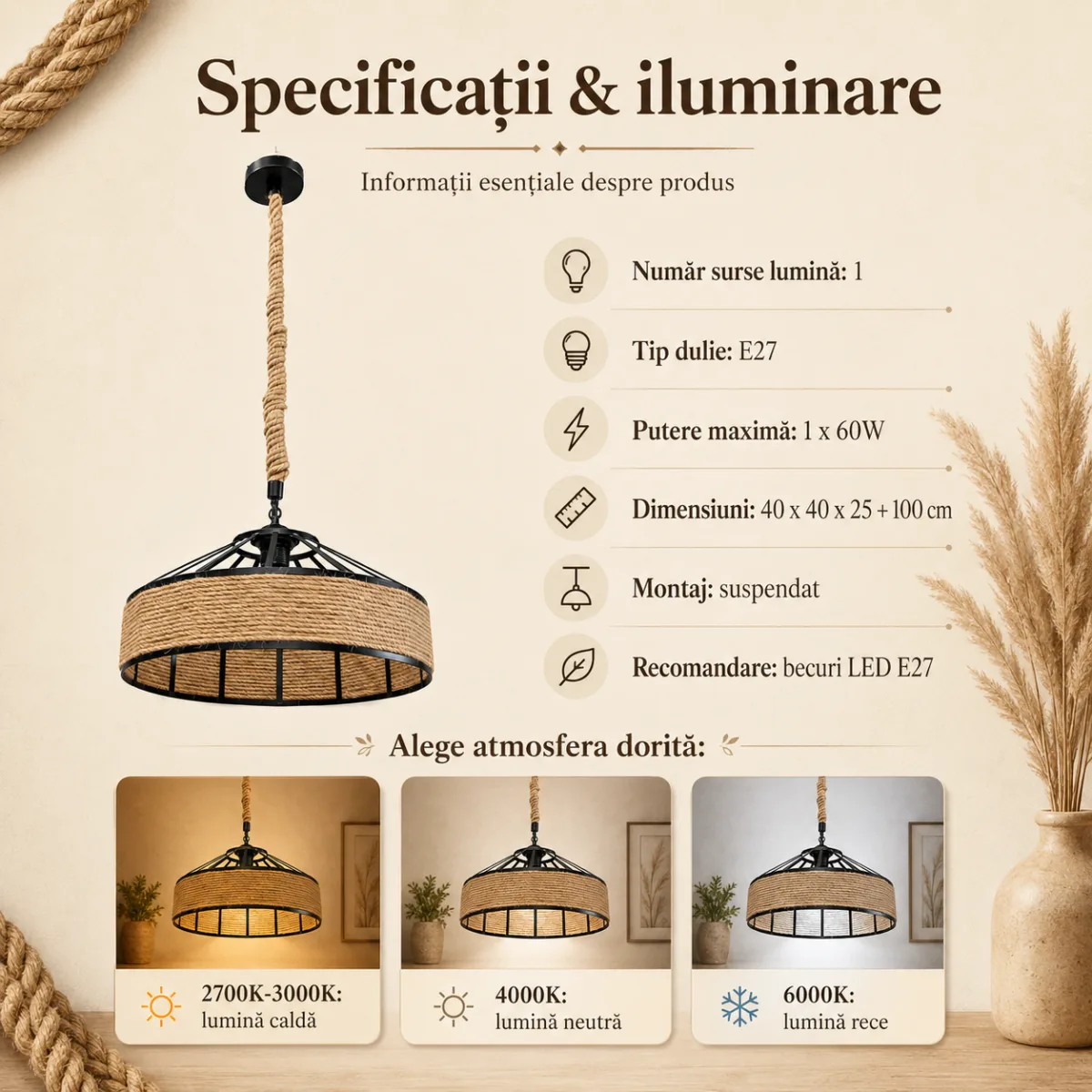 Lustră Suspendată Rotundă Rustic Modernă 40 cm – Metal Negru cu Sfoară Naturală, 1 Bec E27 - imagine 6