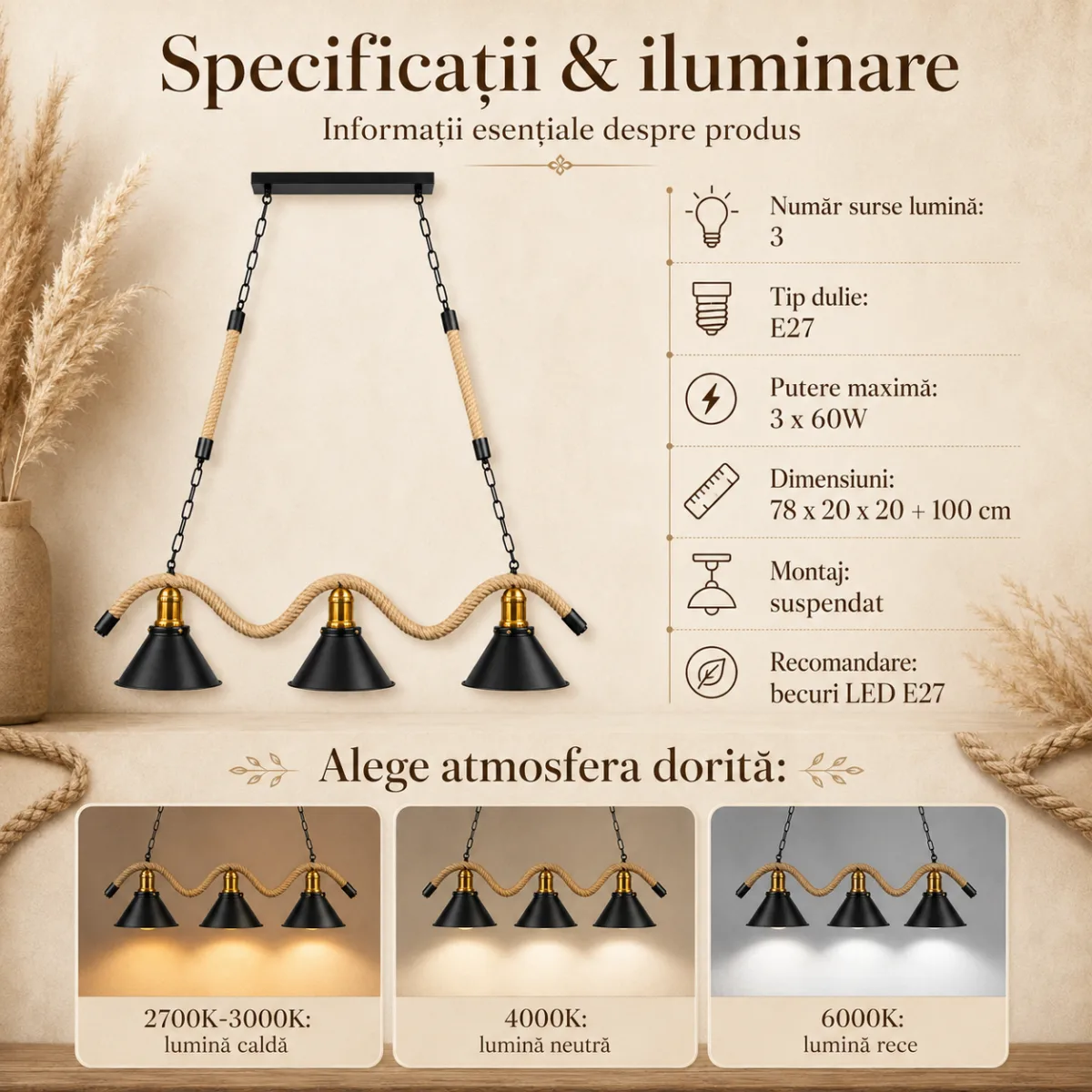 Lustră Suspendată Rustic Modernă cu Sfoară Ondulată 78 cm – Metal Negru cu Accente Aurii, 3 Becuri E27 - imagine 6