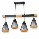 Lustră Suspendată Liniară Rustic-Industrială 73 cm – Metal Negru cu Accente din Sfoară Naturală, 4 Becuri E27