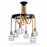 Candelabru Suspendat Rustic cu 6 Pendule 72 cm – Metal Negru și Sfoară Naturală, 6 Becuri E27