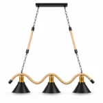 Lustră Suspendată Rustic Modernă cu Sfoară Ondulată 78 cm – Metal Negru cu Accente Aurii, 3 Becuri E27