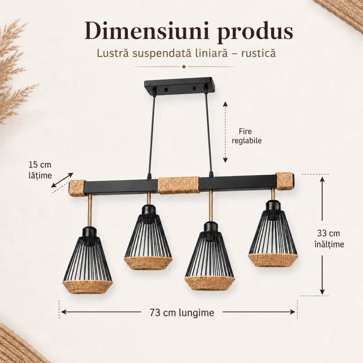 Lustră Suspendată Liniară Rustic-Industrială 73 cm – Metal Negru cu Accente din Sfoară Naturală, 4 Becuri E27 - imagine 5