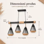 Lustră Suspendată Liniară Rustic-Industrială 73 cm – Metal Negru cu Accente din Sfoară Naturală, 4 Becuri E27 - imagine 5