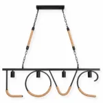 Lustră Suspendată Decorativă LOVE Rustic Modernă 100 cm – Metal Negru cu Detalii din Sfoară Naturală, 4 Becuri E27
