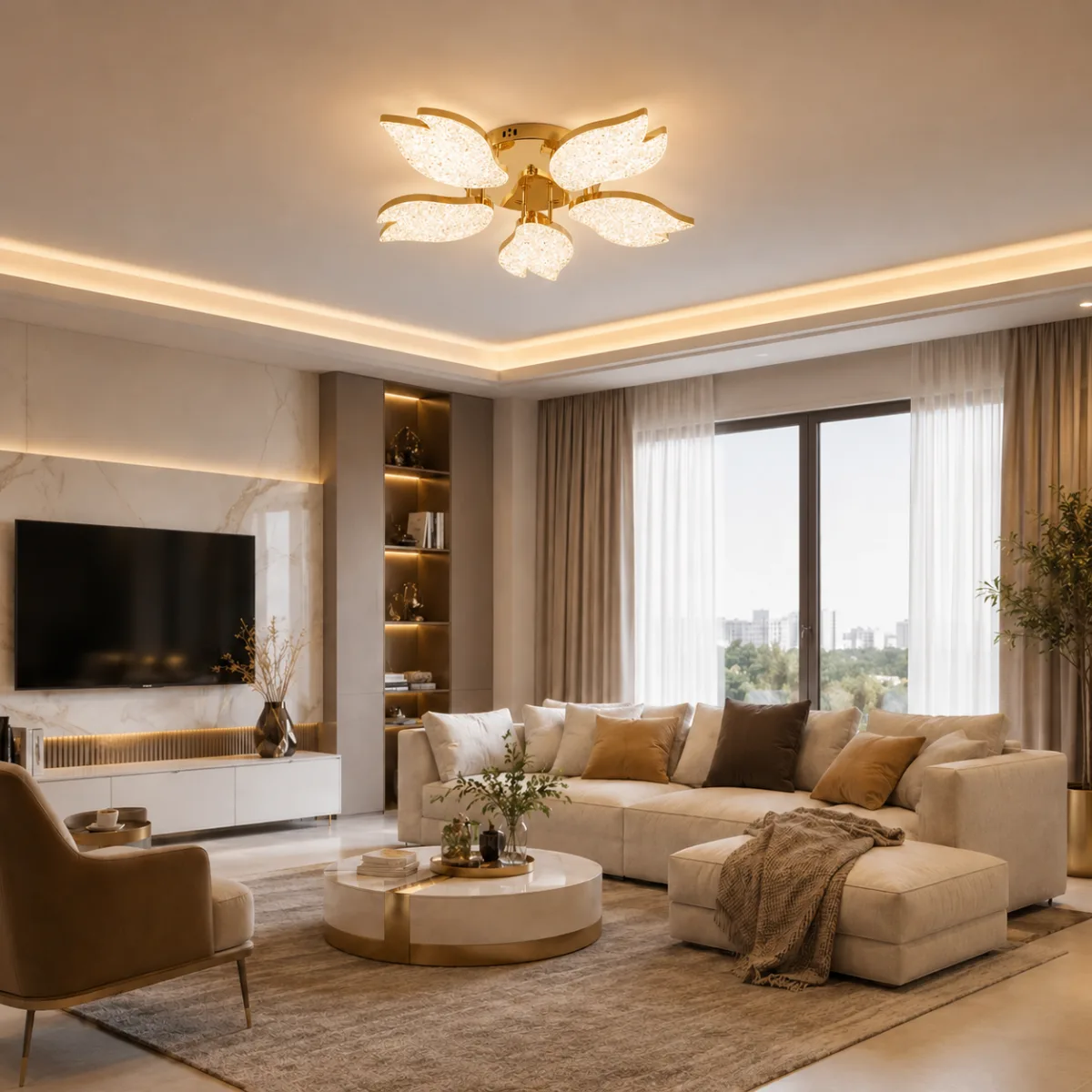 Lustră LED Modernă Floare Cristal Petale 61 cm – Metal Auriu și Acril Cristal, 5 Surse LED Integrate, Design Elegant pentru Living, Dormitor și Dining - imagine 2