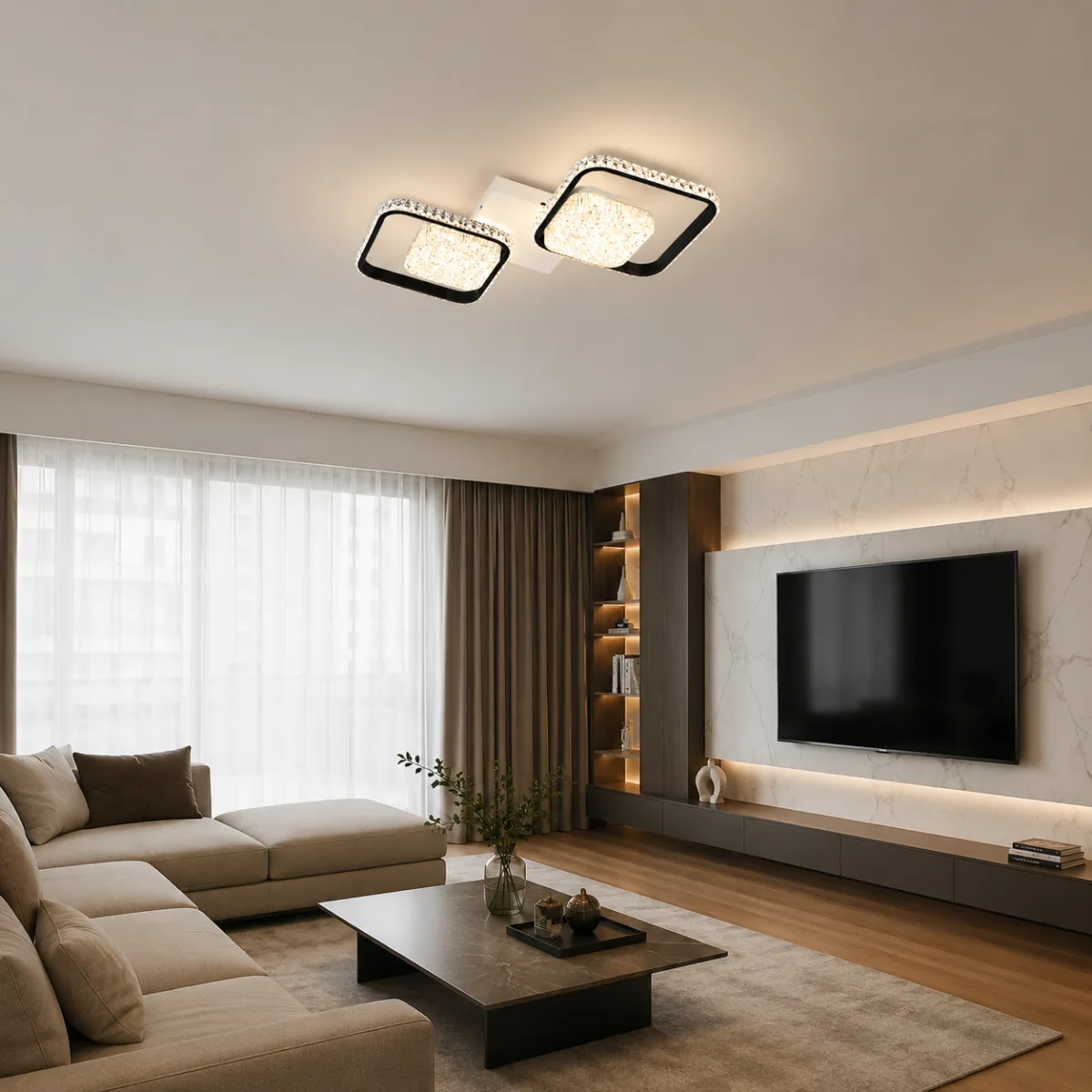 Lustră LED Modernă cu Rame Pătrate Cristal 52,5 cm – Metal Alb-Negru și Cristal Acrilic, 2 Surse LED Integrate, Design Elegant pentru Hol, Dormitor și Living - imagine 2
