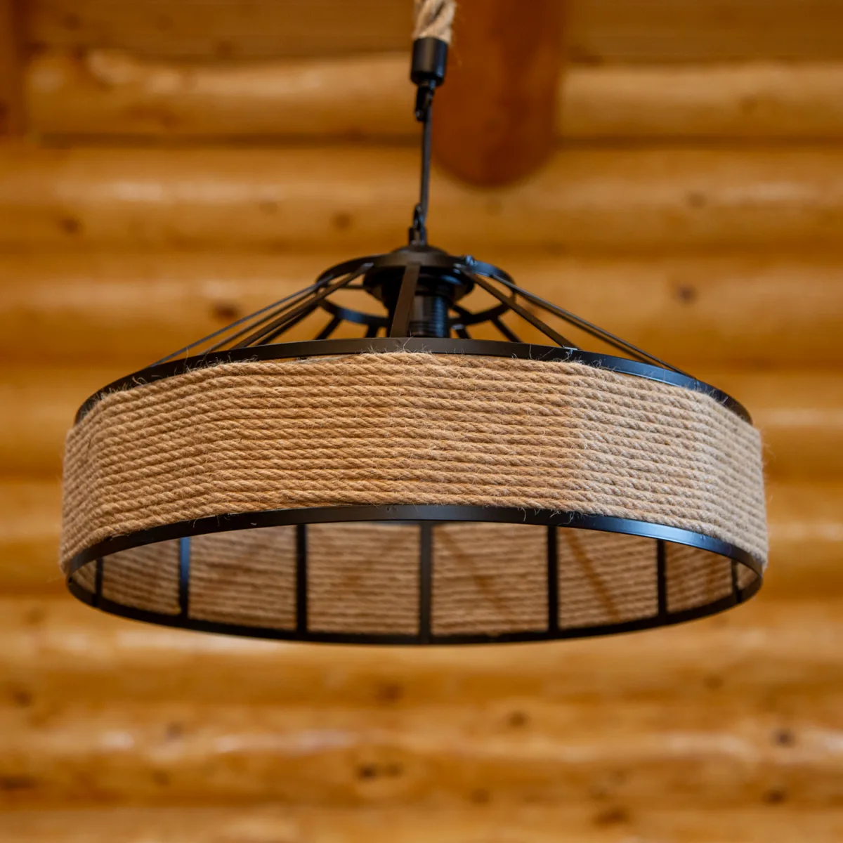 Lustră Suspendată Rotundă Rustic Modernă 40 cm – Metal Negru cu Sfoară Naturală, 1 Bec E27 - imagine 10