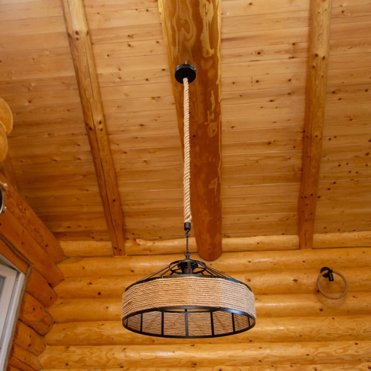 Lustră Suspendată Rotundă Rustic Modernă 40 cm – Metal Negru cu Sfoară Naturală, 1 Bec E27 - imagine 2