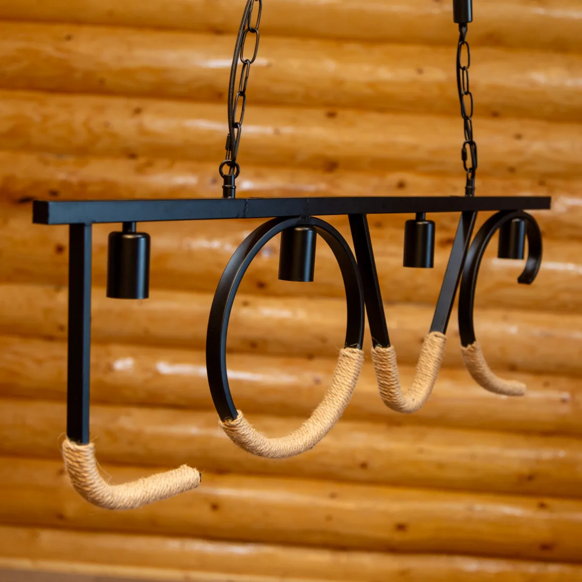Lustră Suspendată Decorativă LOVE Rustic Modernă 100 cm – Metal Negru cu Detalii din Sfoară Naturală, 4 Becuri E27 - imagine 11