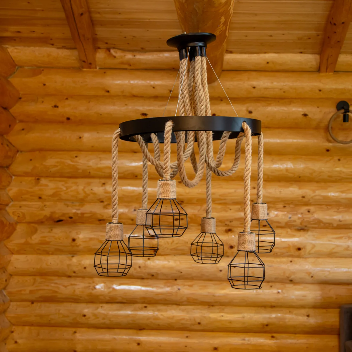 Candelabru Suspendat Rustic cu 6 Pendule 72 cm – Metal Negru și Sfoară Naturală, 6 Becuri E27 - imagine 2