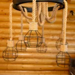 Candelabru Suspendat Rustic cu 6 Pendule 72 cm – Metal Negru și Sfoară Naturală, 6 Becuri E27 - imagine 12