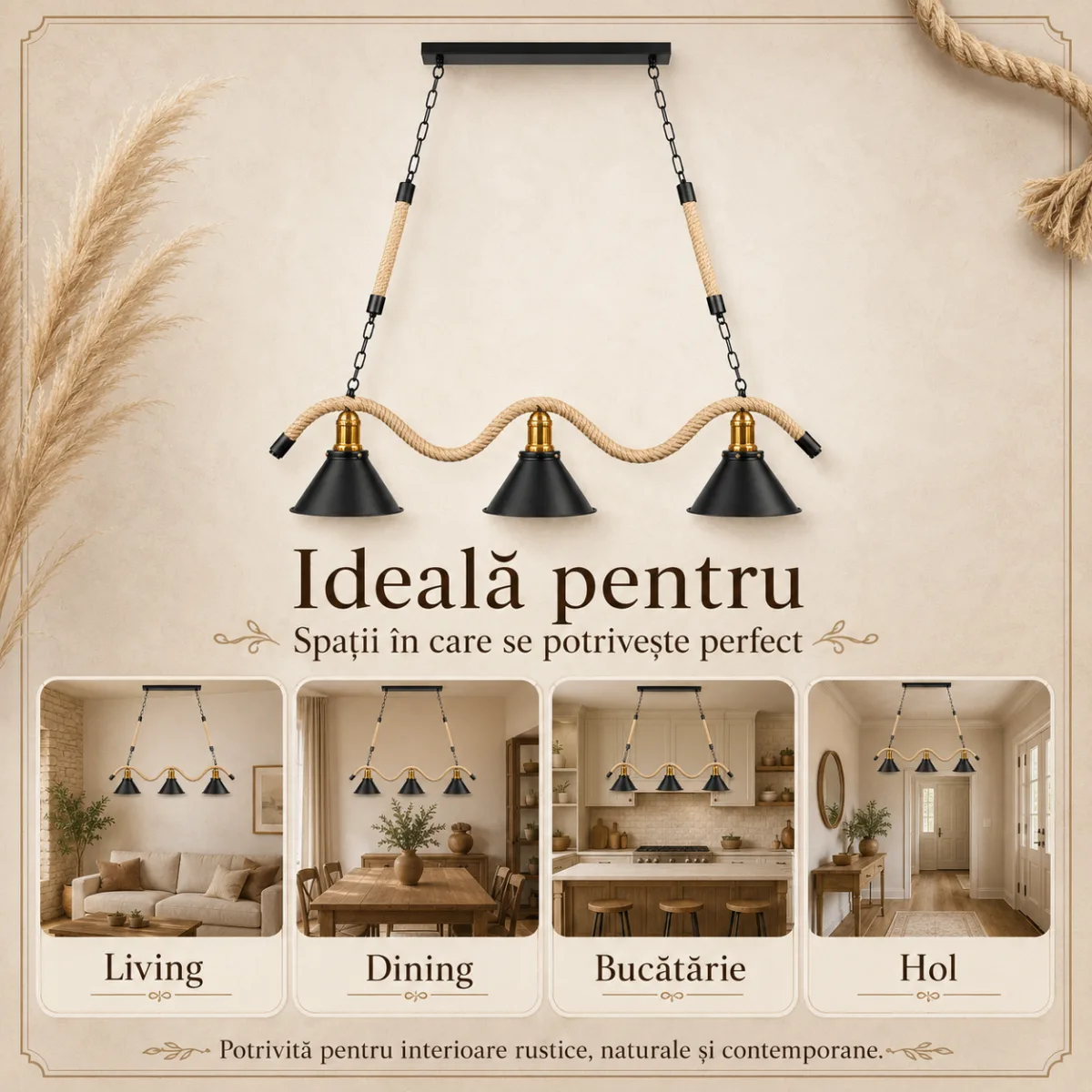 Lustră Suspendată Rustic Modernă cu Sfoară Ondulată 78 cm – Metal Negru cu Accente Aurii, 3 Becuri E27 - imagine 3