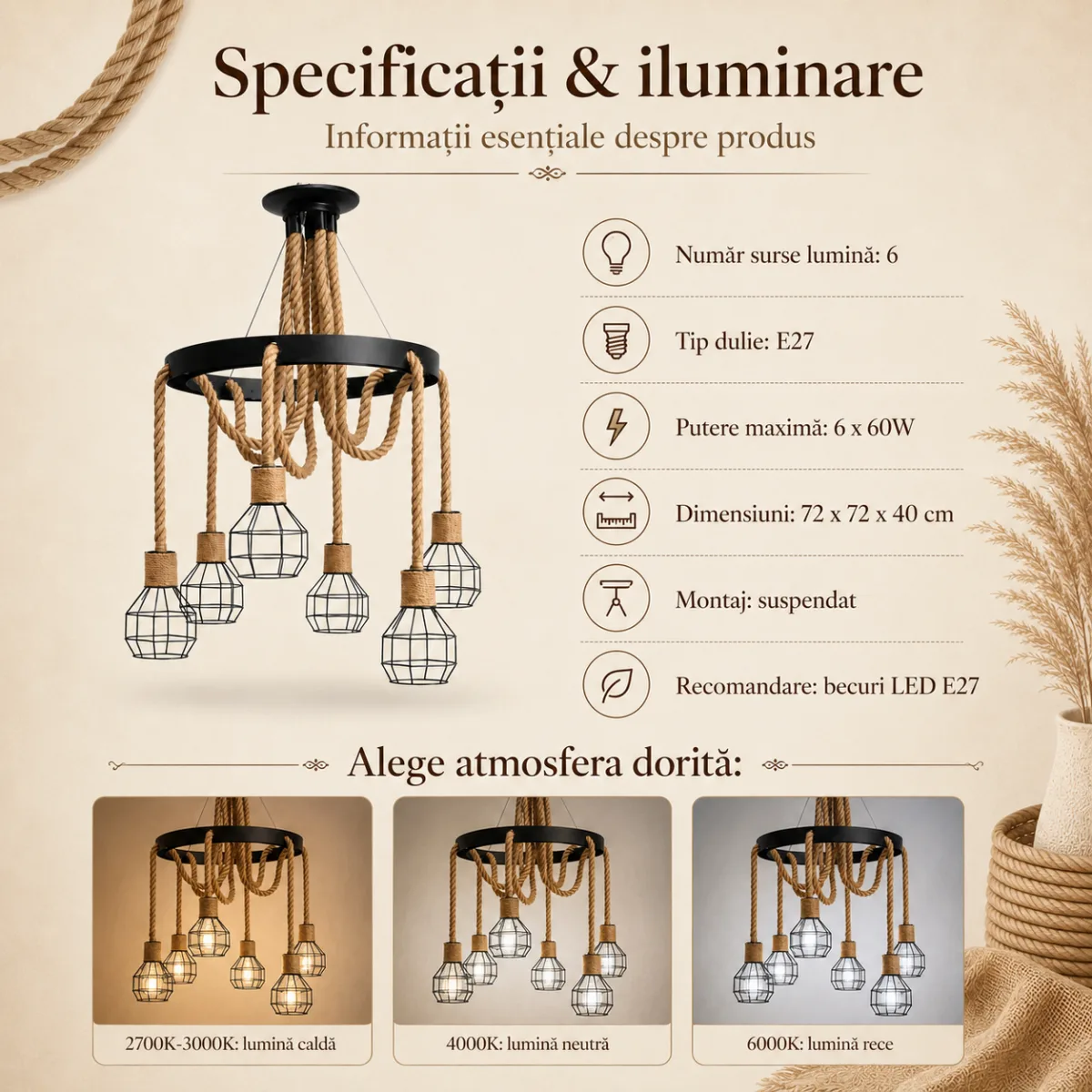 Candelabru Suspendat Rustic cu 6 Pendule 72 cm – Metal Negru și Sfoară Naturală, 6 Becuri E27 - imagine 6