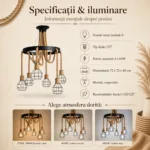 Candelabru Suspendat Rustic cu 6 Pendule 72 cm – Metal Negru și Sfoară Naturală, 6 Becuri E27 - imagine 6