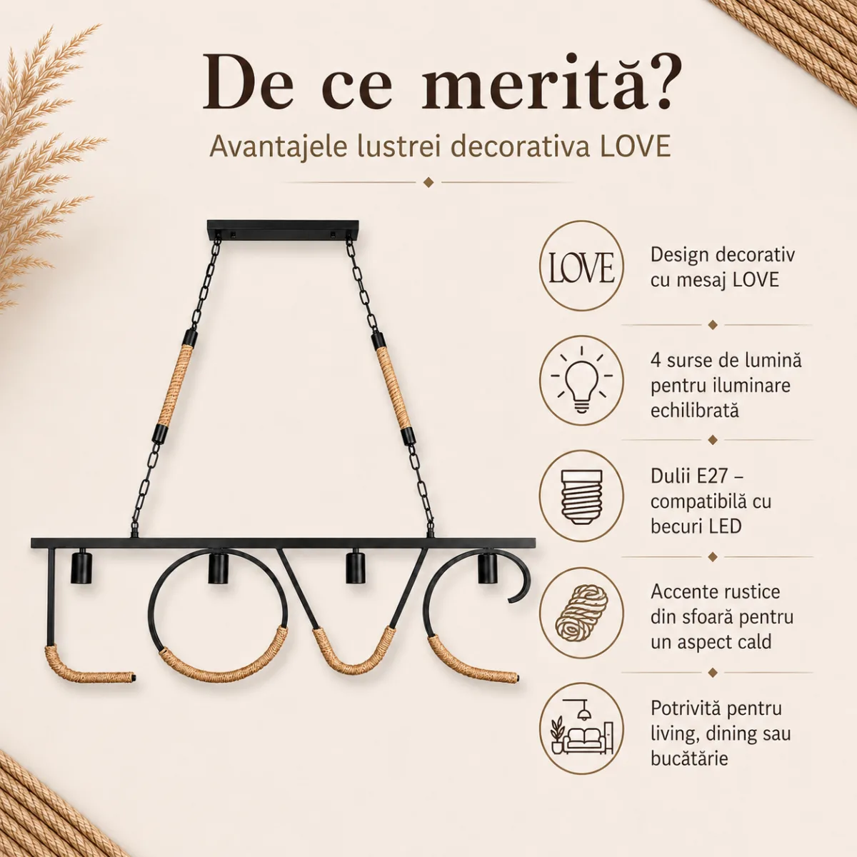 Lustră Suspendată Decorativă LOVE Rustic Modernă 100 cm – Metal Negru cu Detalii din Sfoară Naturală, 4 Becuri E27 - imagine 3