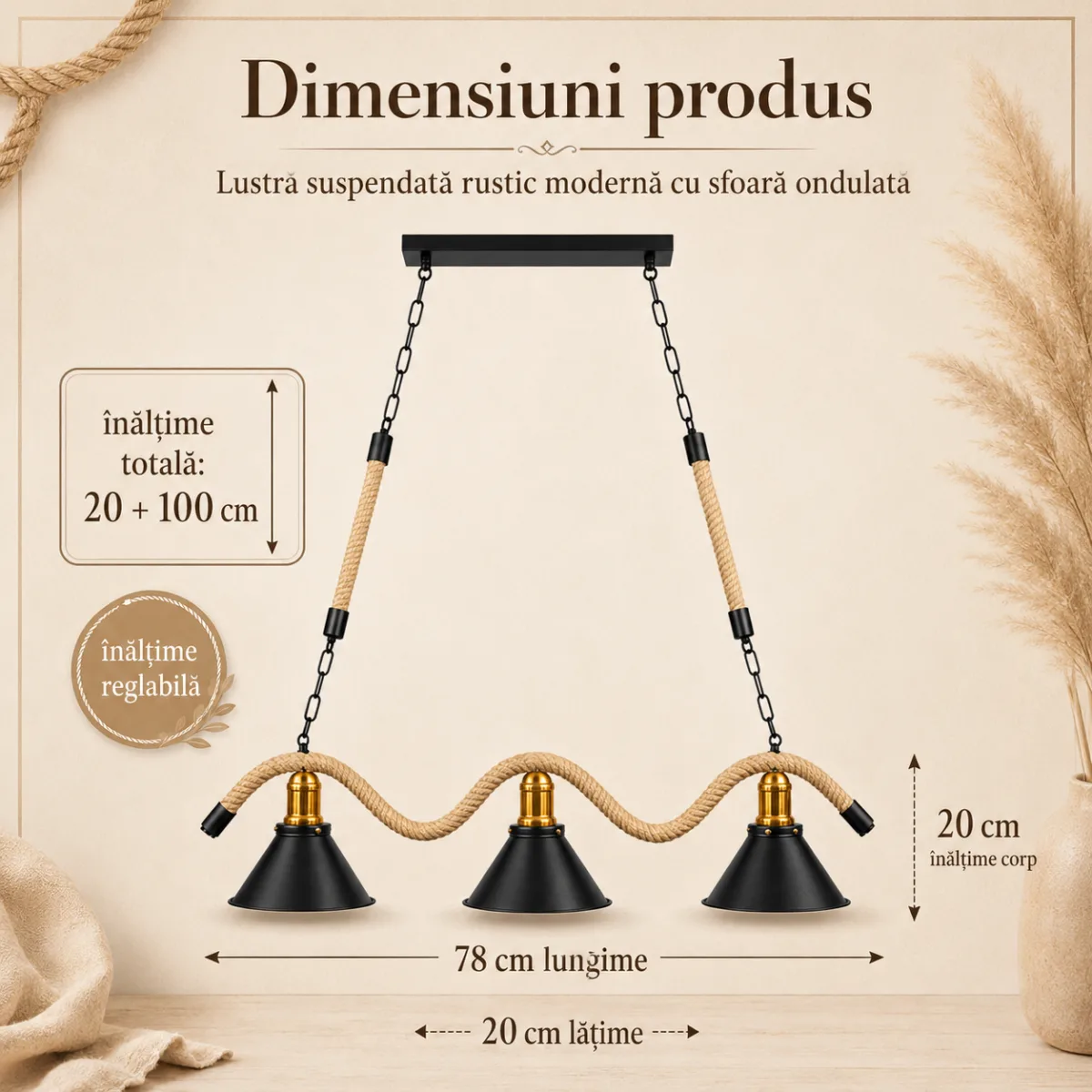 Lustră Suspendată Rustic Modernă cu Sfoară Ondulată 78 cm – Metal Negru cu Accente Aurii, 3 Becuri E27 - imagine 5