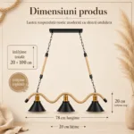 Lustră Suspendată Rustic Modernă cu Sfoară Ondulată 78 cm – Metal Negru cu Accente Aurii, 3 Becuri E27 - imagine 5