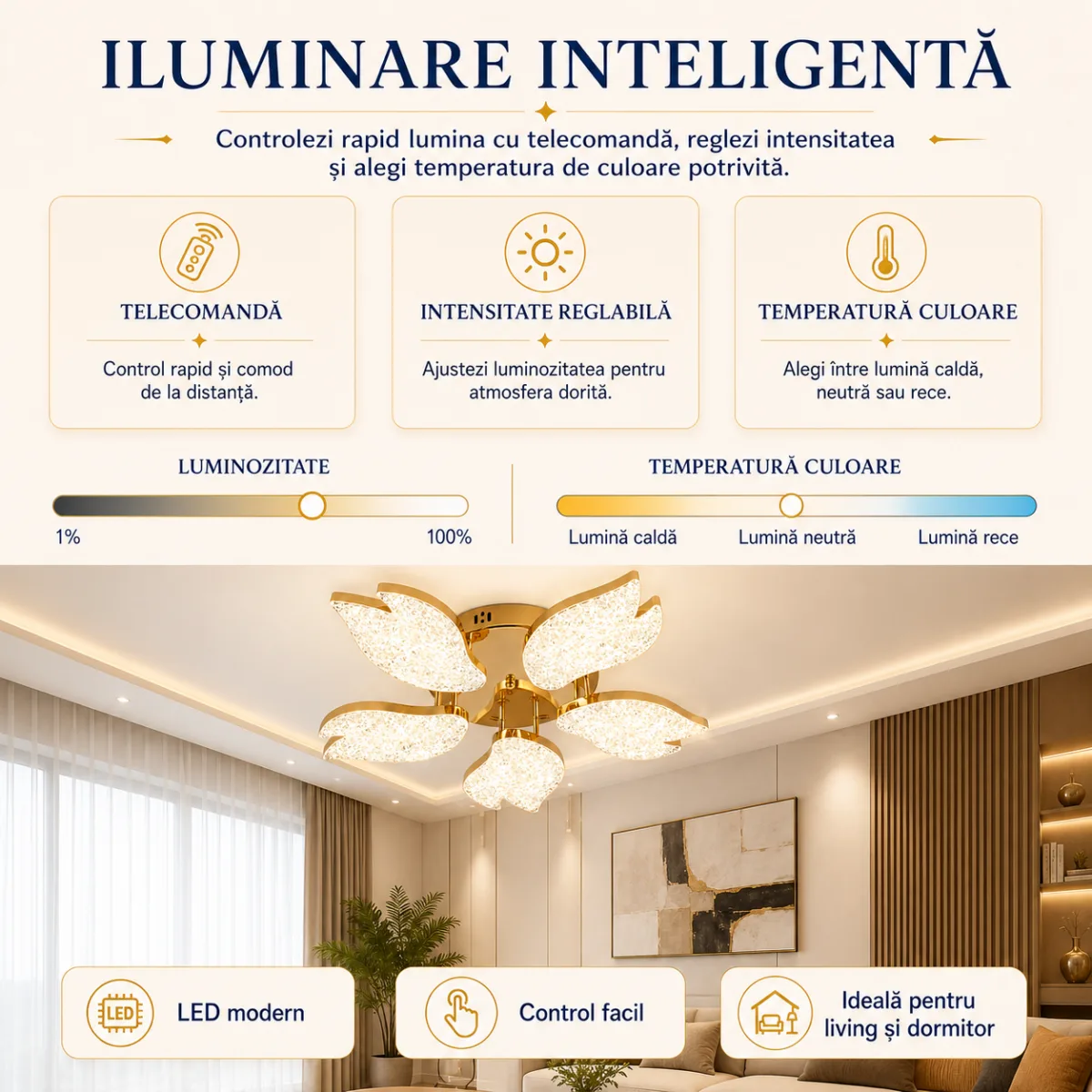 Lustră LED Modernă Floare Cristal Petale 61 cm – Metal Auriu și Acril Cristal, 5 Surse LED Integrate, Design Elegant pentru Living, Dormitor și Dining - imagine 4