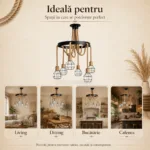 Candelabru Suspendat Rustic cu 6 Pendule 72 cm – Metal Negru și Sfoară Naturală, 6 Becuri E27 - imagine 5