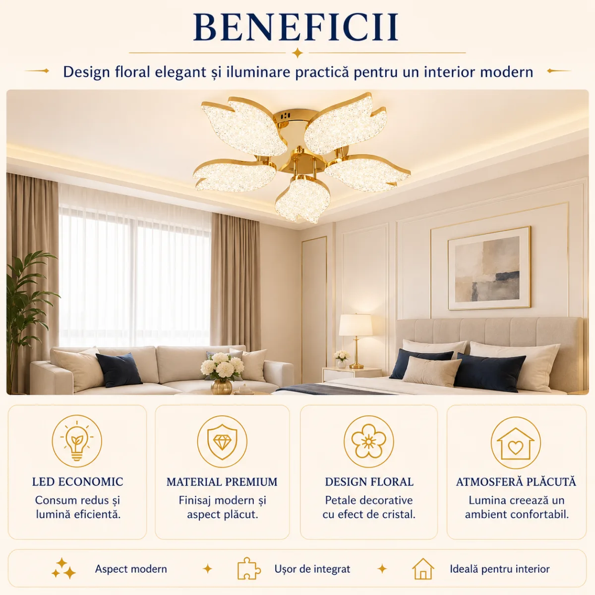 Lustră LED Modernă Floare Cristal Petale 61 cm – Metal Auriu și Acril Cristal, 5 Surse LED Integrate, Design Elegant pentru Living, Dormitor și Dining - imagine 7
