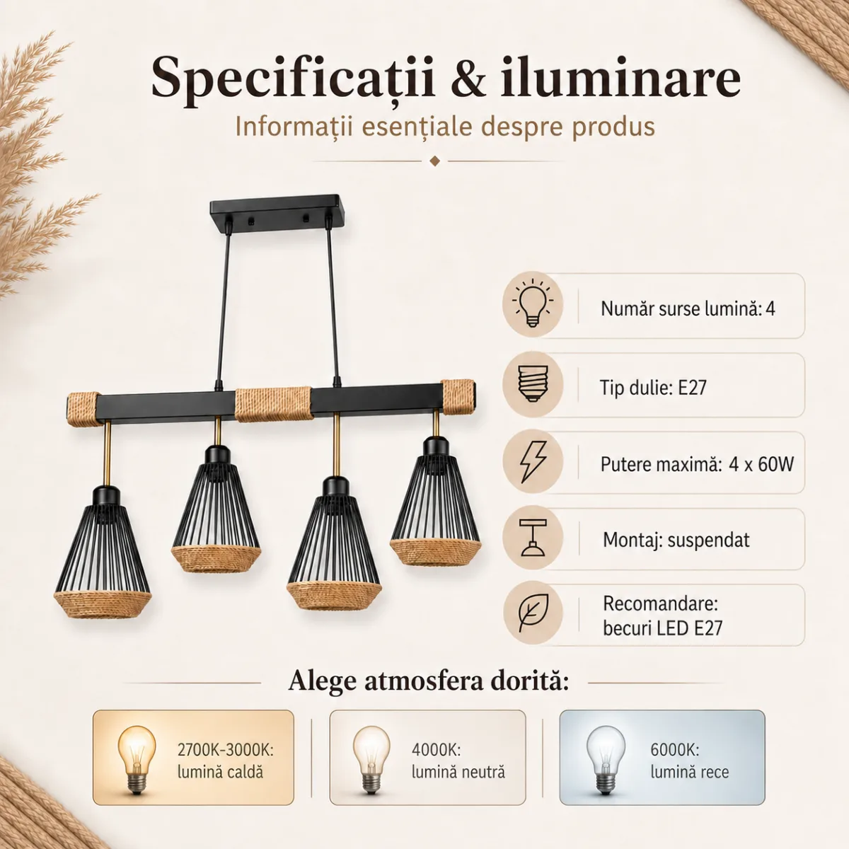 Lustră Suspendată Liniară Rustic-Industrială 73 cm – Metal Negru cu Accente din Sfoară Naturală, 4 Becuri E27 - imagine 6