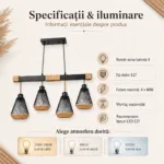 Lustră Suspendată Liniară Rustic-Industrială 73 cm – Metal Negru cu Accente din Sfoară Naturală, 4 Becuri E27 - imagine 6
