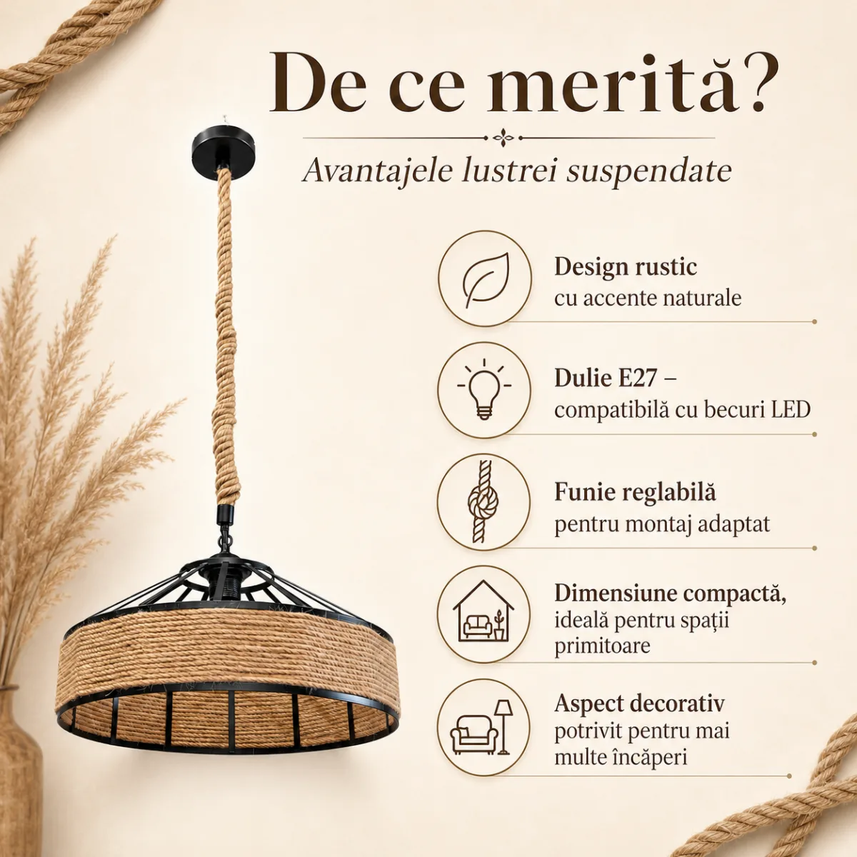 Lustră Suspendată Rotundă Rustic Modernă 40 cm – Metal Negru cu Sfoară Naturală, 1 Bec E27 - imagine 3