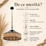 Lustră Suspendată Rotundă Rustic Modernă 40 cm – Metal Negru cu Sfoară Naturală, 1 Bec E27 - imagine 3